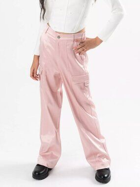 Stella 88 Satin Cargo Pants Girls Size L Pink High Rise Wide Leg Y2K Streetwear